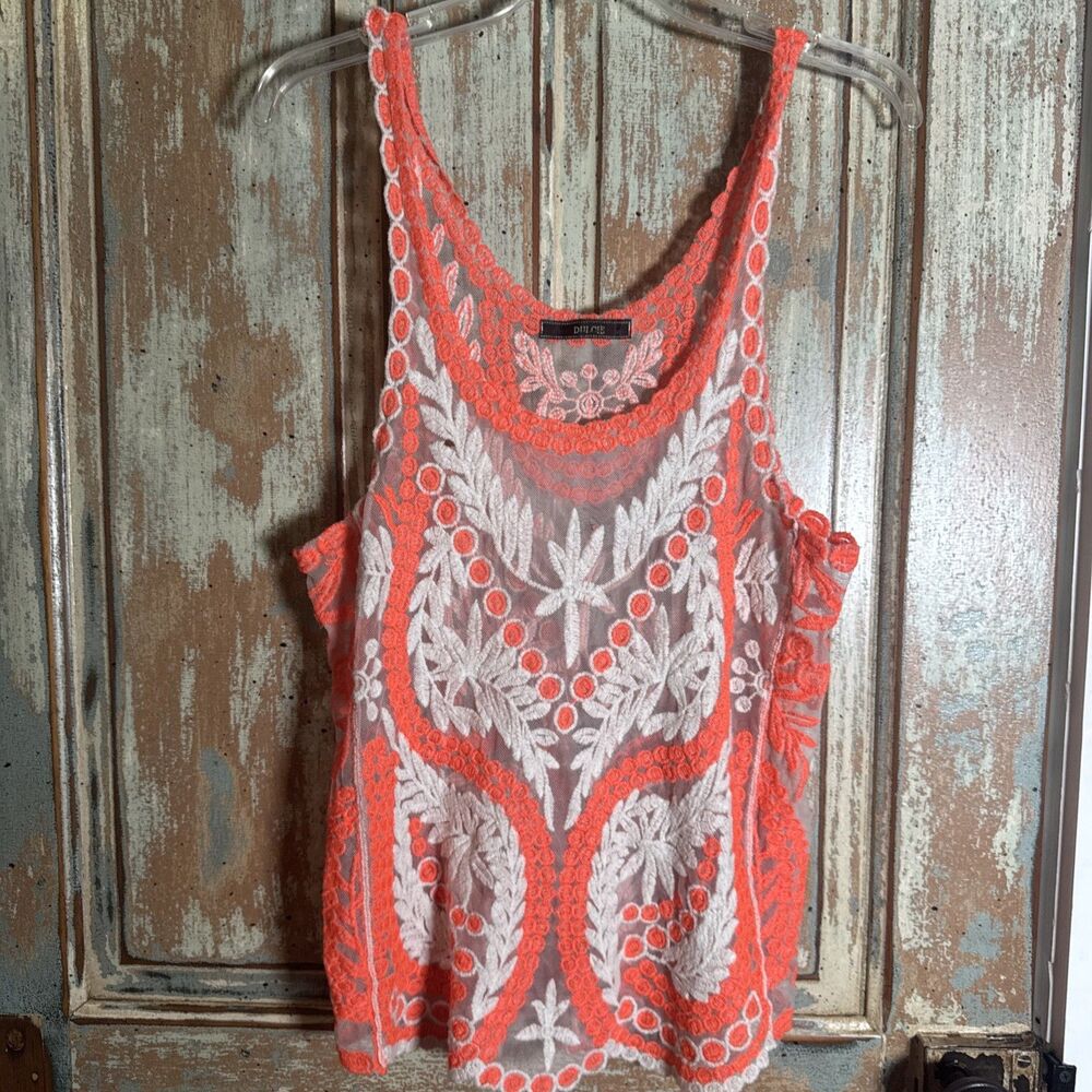 Dulce Women’s Sz M Sleeveless Floral Embroidered Mesh Tank Top Hot Orange